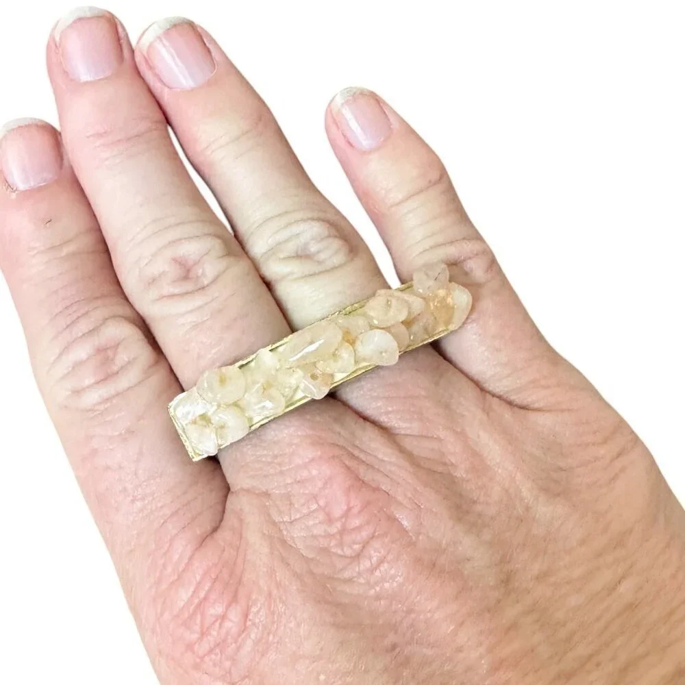 Vintage Chunky Gold Tone Pink Quartz Two Finger Ring size 8 & size 9